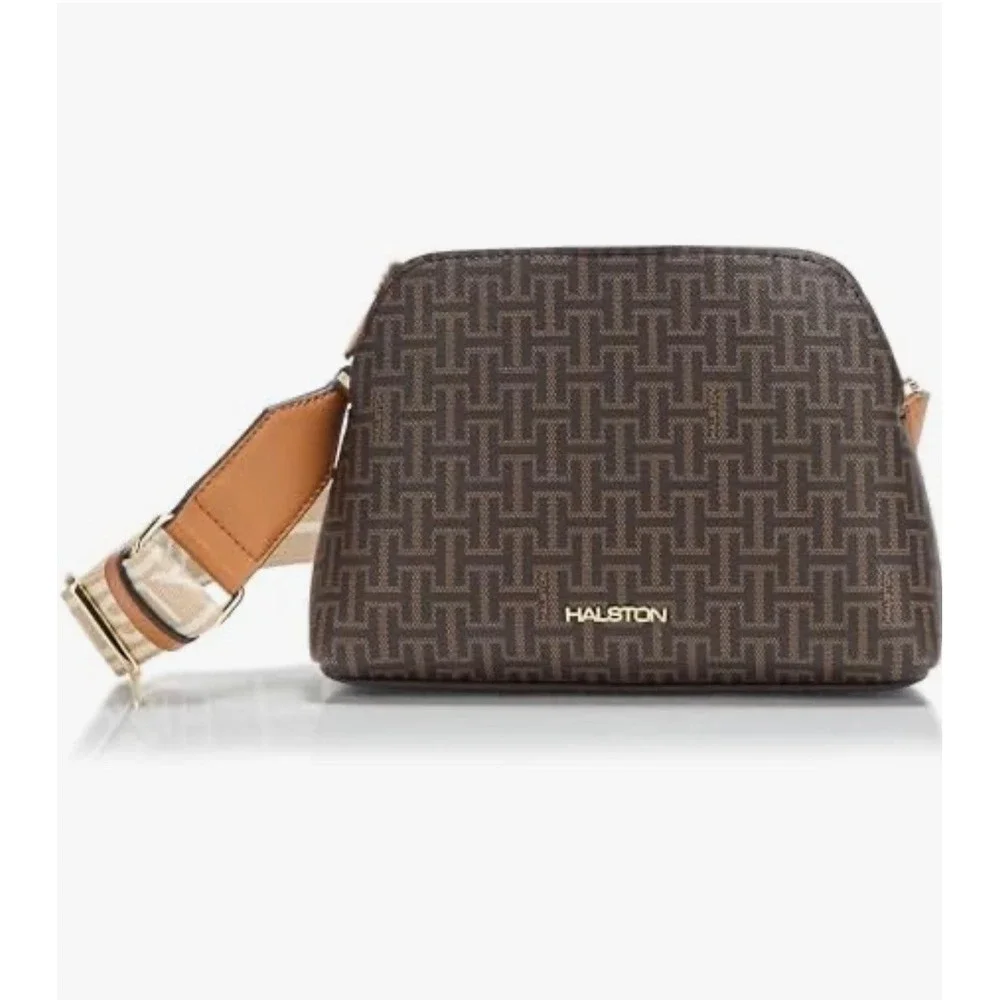NWT Halston Quincy Brown Monogram Crossbody Bag Webbed Strap Messenger New